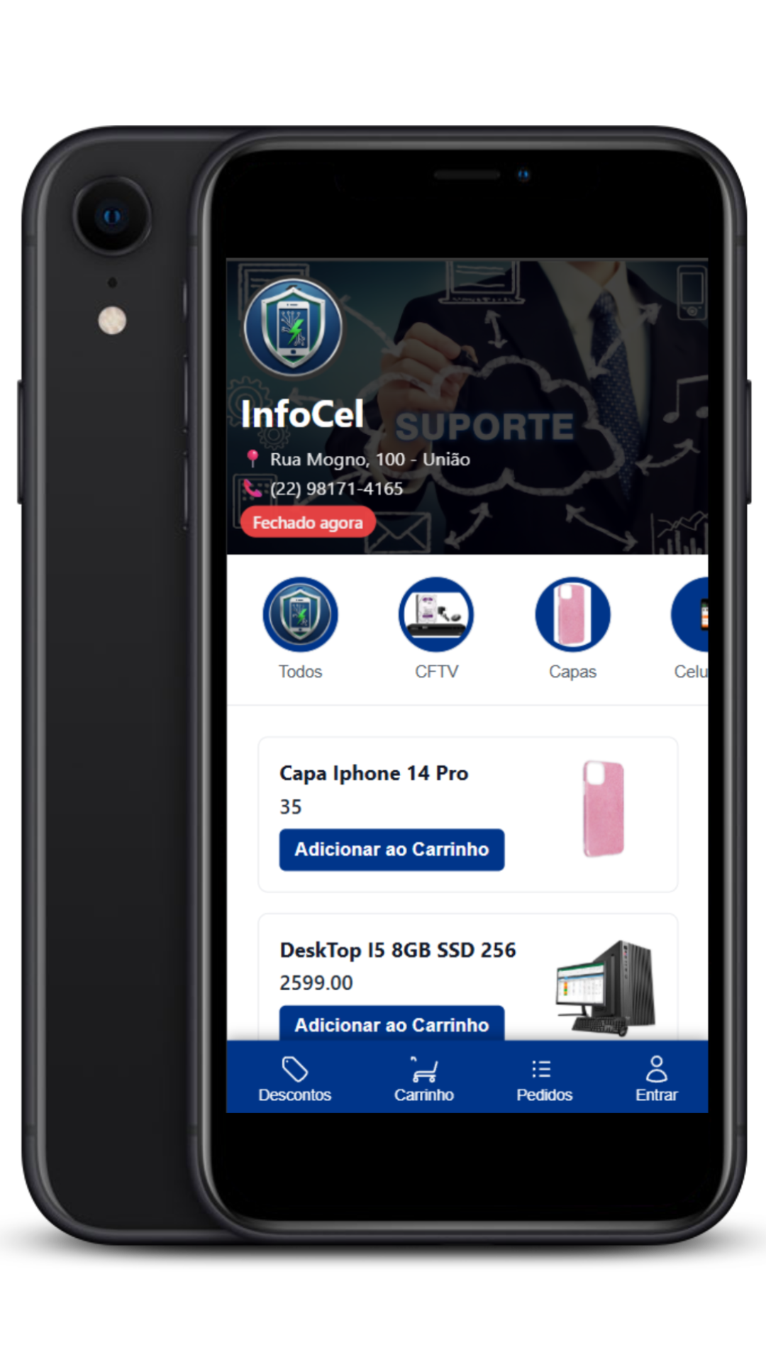 Demonstração do catálogo virtual da InfoCel em um celular